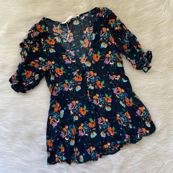 Zara Tops Zara Navy Blue Floral Button Front Blouse Shirt Poshmark
